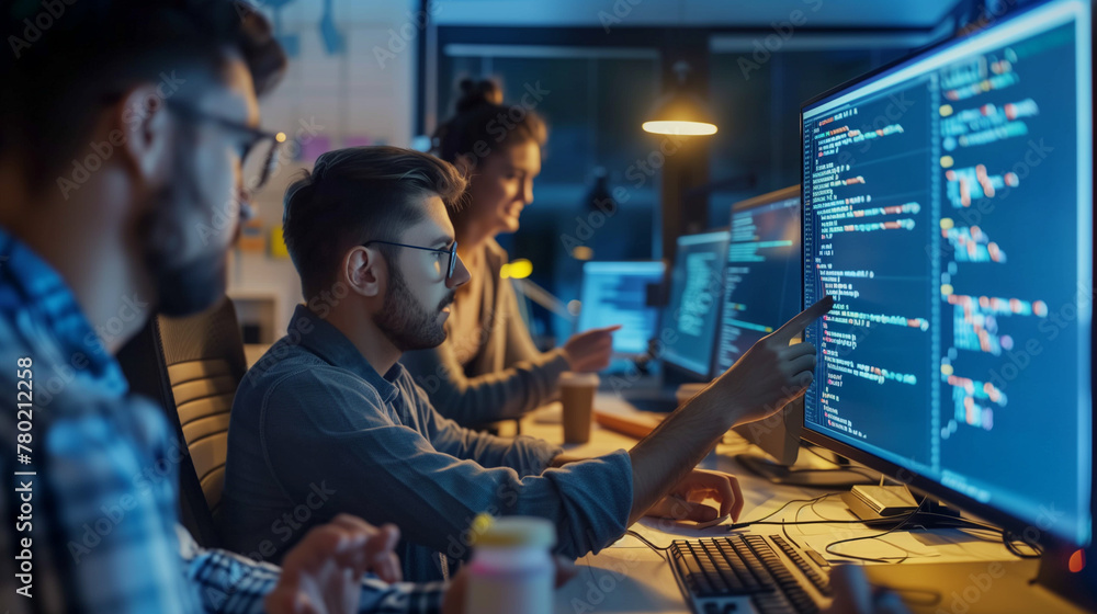 Poster software developers or data scientists working in a team, team work concept