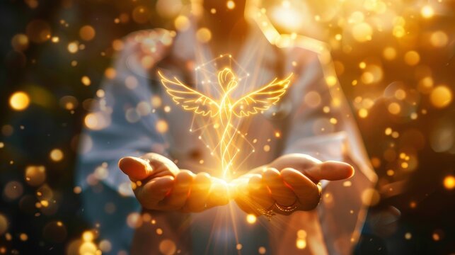 The ancient symbol of Caduceus stands tall behind a compassionate figure with hands outstretched in a healing gesture. A comforting golden light emanates from their palms reminding .