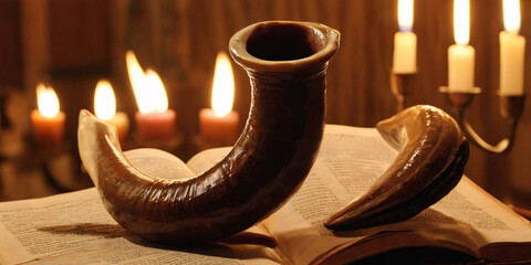 The Mystic Horn and Ancient Text. A polished shofar horn resting atop an open, aged book. The scene is illuminated by the ethereal glow of sparks, creating a mystical atmosphere 