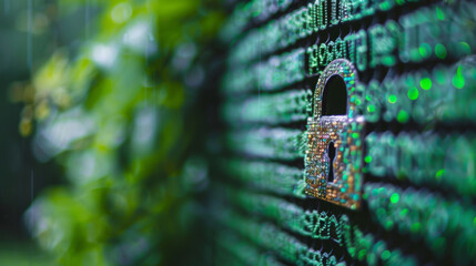 Conceptual image of a digital padlock over a green binary code, symbolizing cybersecurity and data protection.