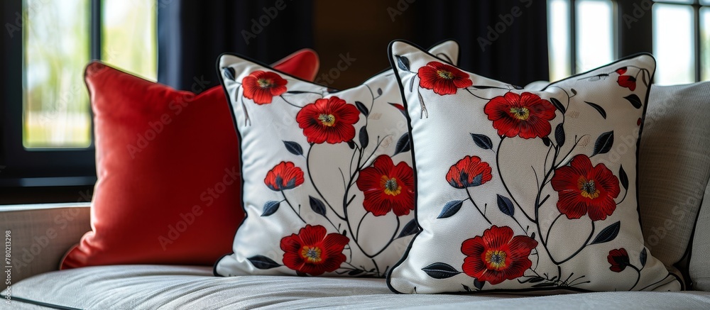 Poster a detailed view of a comfortable couch with a pair of soft throw pillows placed neatly on top