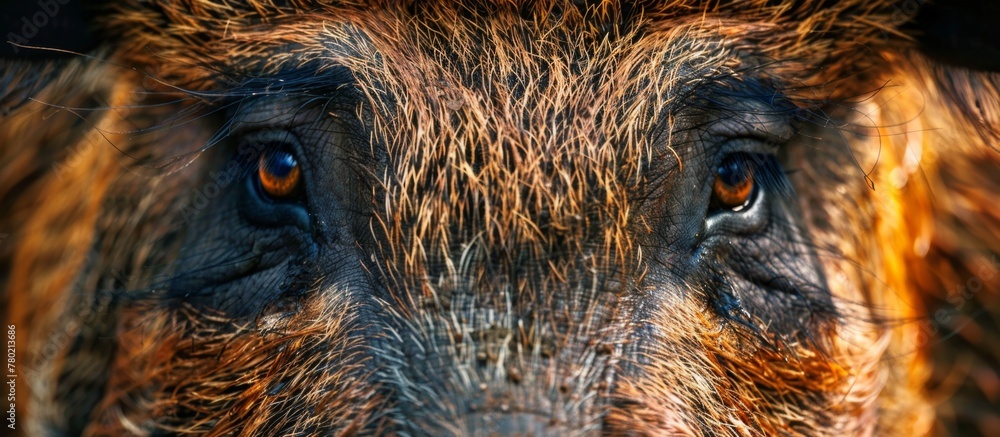 Poster focused on the detailed features of a dog's face, the background is purposely out of focus, creating