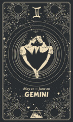 Astrological chart of the zodiac sign Gemini, two beautiful twin girls, air element, zodiac, mythology. Vector horoscope banner, mystical black star background in boho style.
