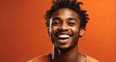 young black african man on plain bright orange background laughing hysterically looking at camera background banner template ad marketing concept from Generative AI