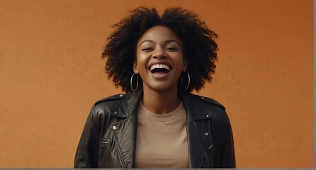 young black african middle aged woman on plain bright orange background laughing hysterically looking at camera background banner template ad marketing concept from Generative AI - obrazy, fototapety, plakaty