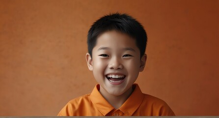 young chinese child boy on plain bright orange background laughing hysterically looking at camera background banner template ad marketing concept from Generative AI