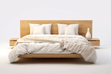 Bed, front view, light wood and white Generative AI
