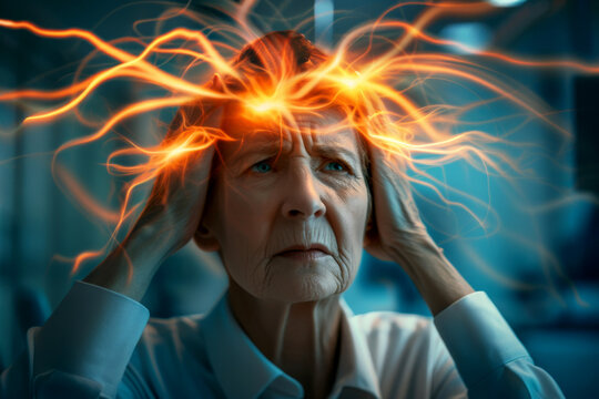 Havana syndrome, elder woman with migraine or headache holding her head due to pain, . generative Ai