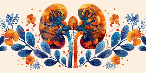 Illustration of human kidney organs in art style for medical themes - obrazy, fototapety, plakaty
