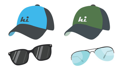 Baseball cap and sunglasses vector set. Hat and sunglasses clipart. Summer element. Cartoon flat vector isolated on white background.