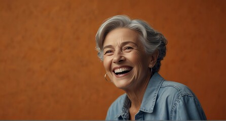 young italian elderly woman on plain bright orange background laughing hysterically looking at camera background banner template ad marketing concept from Generative AI