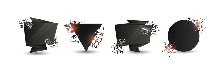 Explosion banners. Square and circle destruction shapes with debris isolated on white background. 3d effect of particles.
