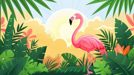 Bright and colorful digital illustration of a pink flamingo amidst lush tropical foliage under a sunny sky.