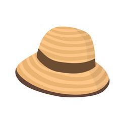 Straw hat with ribbon. Women summer hat vector illustration. Summer element. Cartoon flat vector isolated on white background.