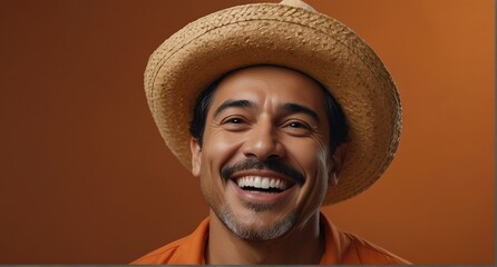young mexican middle aged man on plain bright orange background laughing hysterically looking at camera background banner template ad marketing concept from Generative AI