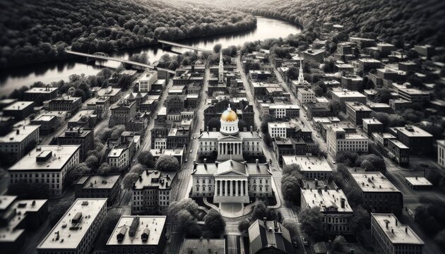 Fototapeta Black and White Aerial Perspective of Vermont's Landscape - The Majestic State House Dome Overlooks a Grid of Tree-Lined Streets, Highlighting the Intersection of Nature and Civilization