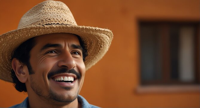 young mexican middle aged man on plain bright orange background laughing hysterically looking at camera background banner template ad marketing concept from Generative AI