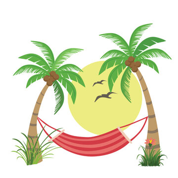 Coconut tree and hammock vector. Summer element. Hello summer concept. Cartoon flat vector isolated on white background.