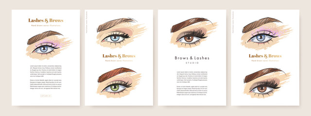 Lashes and brows beauty studio poster design set. Flyer, card or web banner template collection with hand drawn female make up open eye. Vector illustration