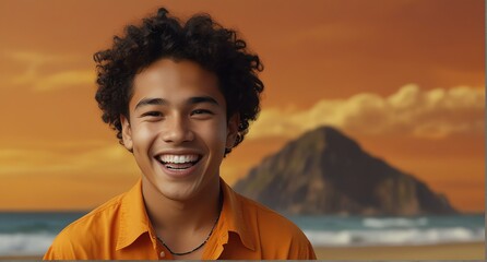 young native hawaiian teenage boy on plain bright orange background laughing hysterically looking at camera background banner template ad marketing concept from Generative AI - obrazy, fototapety, plakaty
