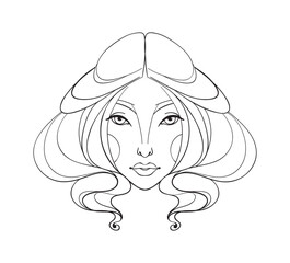 Beautiful female portrait icon, young woman s face, hand linear drawing, Virgo zodiac sign. Vector illustration isolated on white background, witch tattoo.