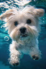 Maltese Dog Swimming Underwater Close-Up - obrazy, fototapety, plakaty