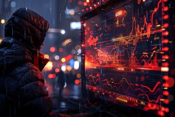 Futuristic banking scene, a visionary businessman analyzing economic trends on interactive finance displays - obrazy, fototapety, plakaty