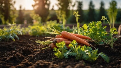 Fresh harvest of carrots on the ground in a vegetable garden, on a farm. Permaculture. Organic vegetables. Healthy vegan food. Farm and gardening concept, harvesting - obrazy, fototapety, plakaty
