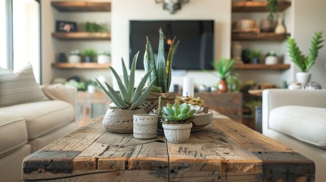 In the living room a reclaimed wood coffee table takes center stage and serves as a focal point for the space. The organic imperfections in the wood such as nail holes and weathered .