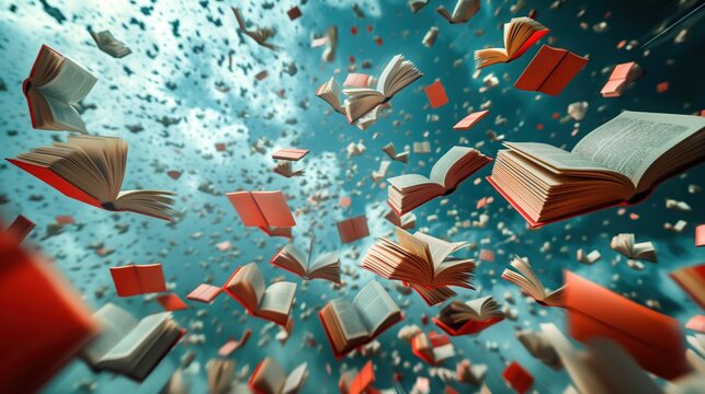 Livros voando pelos c&eacute;us, representando o poder transformador da educa&ccedil;&atilde;o e o conhecimento que se eleva al&eacute;m das fronteiras