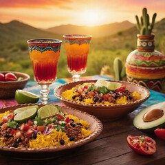 a table with mexican food and drinks including rice and vegetables.