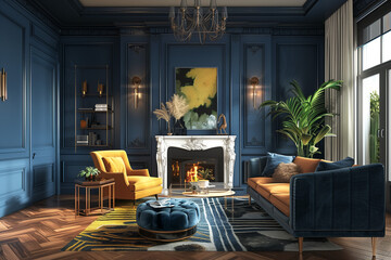 Art deco interior design of modern living room, home with fireplace and dark blue wall.