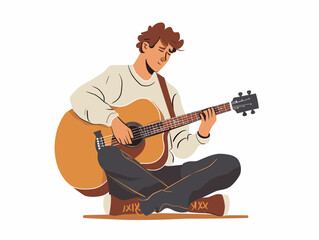 white background, Demonstrating proper guitar finger placement, in the style of animated illustrations, full body, only one man, text-based