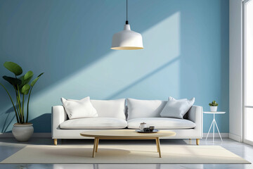 Scandinavian interior design of modern living room, home with sky blue wall