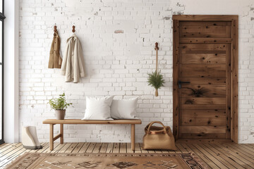 Mid century interior design of modern home entryway with wooden bench against white brick wall. - obrazy, fototapety, plakaty
