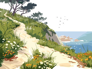 white background, Hiking along a coastal cliffside trail, in the style of animated illustrations, background, text-based