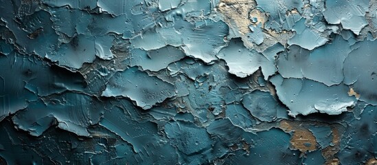 A detailed close-up of peeling blue paint coming off an aged and weathered wall surface - obrazy, fototapety, plakaty