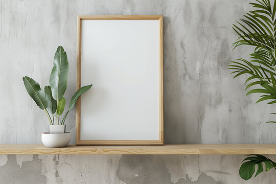 Blank mock up poster frame on wooden shelf against concrete wall. Loft interior design of modern living room, home.