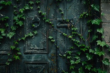 Ancient Door Overgrown with Ivy. Generative AI.