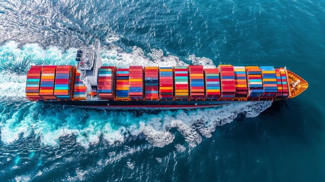 Aerial view of a bustling global shipping hub, containers being loaded onto a cargo ship
