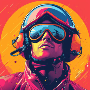 Colorful illustration of a woman in a vintage pilot helmet and goggles, evoking a sense of adventure.