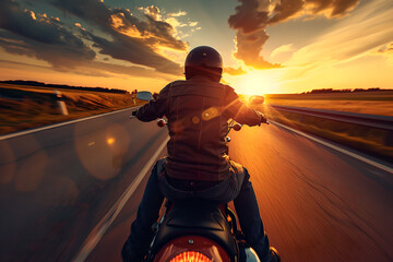 back view of rider riding a motorcycle down a highway in sunset,  yellow and orange light effect ,...