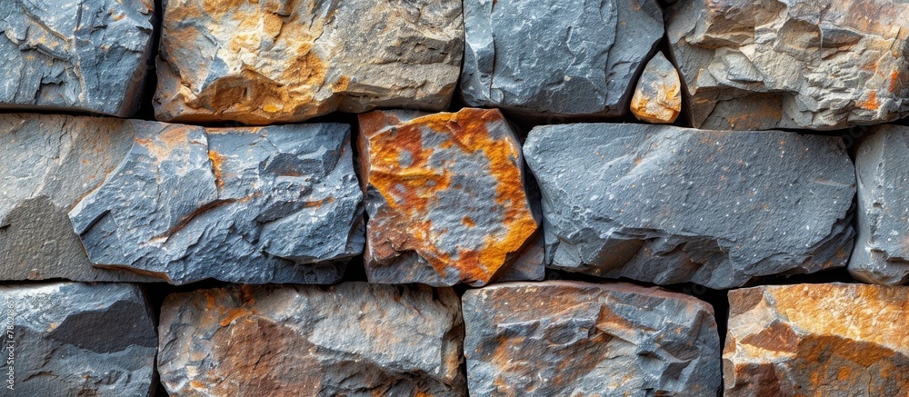 Poster close-up view of a textured stone wall showcasing an aged and rusty surface with visible weathering 