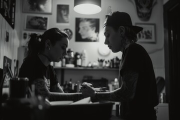 A person consults with a master in the creative atmosphere of a tattoo studio about the features of caring for the body after getting a tattoo. - obrazy, fototapety, plakaty