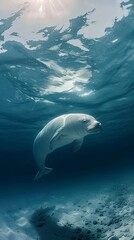 Obraz premium Dugong, gliding deep underwater, dynamic angle, majestic, soft focus depths , high-resolution