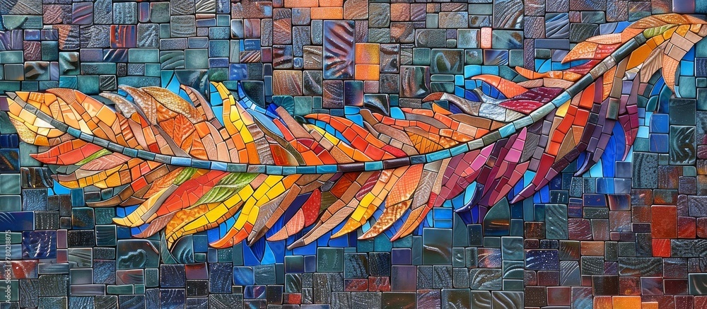 Poster an intricate and colorful mosaic design resembling a feather is displayed on a rough brick wall