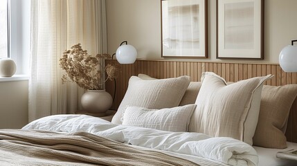 Neutral Toned Bedroom with Cozy Linen Bedding and Modern Decor