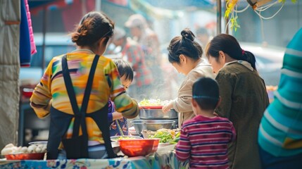 A family of four backs turned to the camera as they help set up a food stall for the festival laughter and chatter filling . . - obrazy, fototapety, plakaty