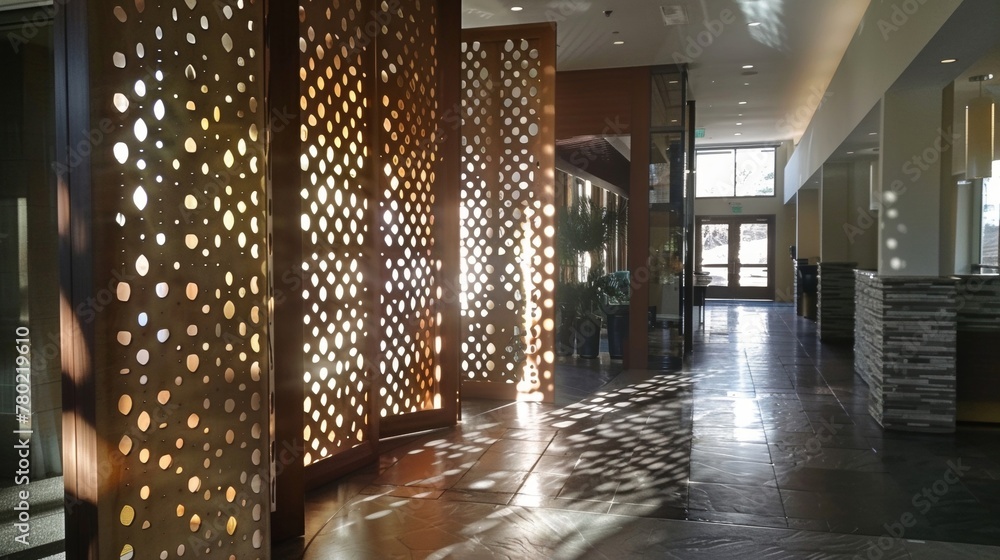Poster utilizing a mix of solid and perforated metal the room dividers feature a geometric pattern that add
