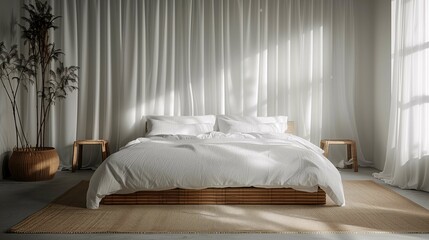 Fototapeta na wymiar Modern Bedroom Interior with Sunlight and White Bedding